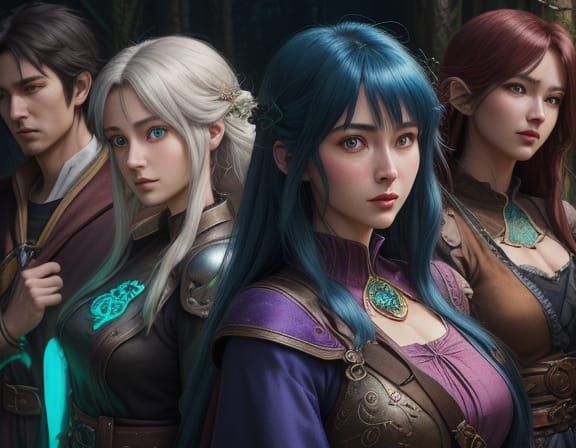 D&D Party in Forest, Hyper-Realistic Digital Art