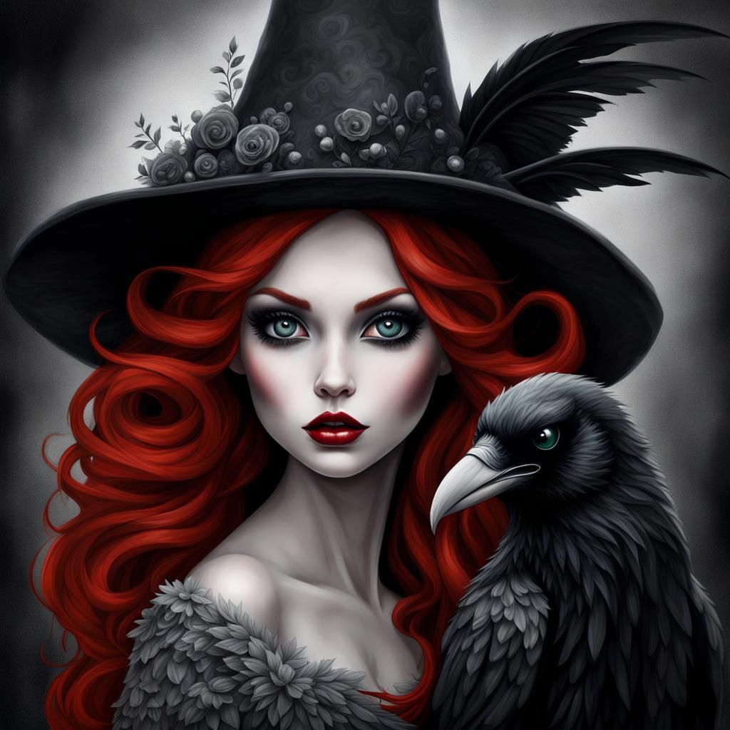 Mysterious Redhead Witch Portrait as Impasto Oil Painting