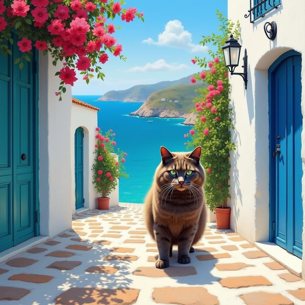 Majestic Cat in Spetses: An Impressionist Island Scene