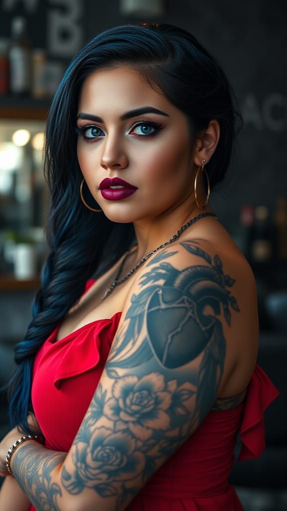 Sultry Pin-Up Model in Edgy Salon, Dark Hair, Vibrant Lips