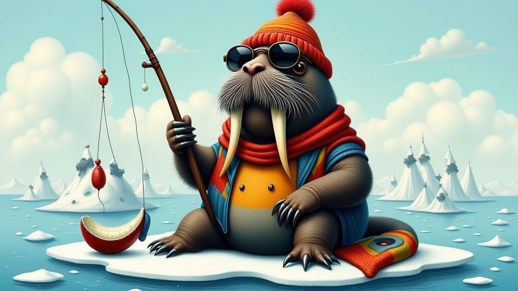 A whimsical cheerful, fat, wrinkled walrus fishing on an ice...