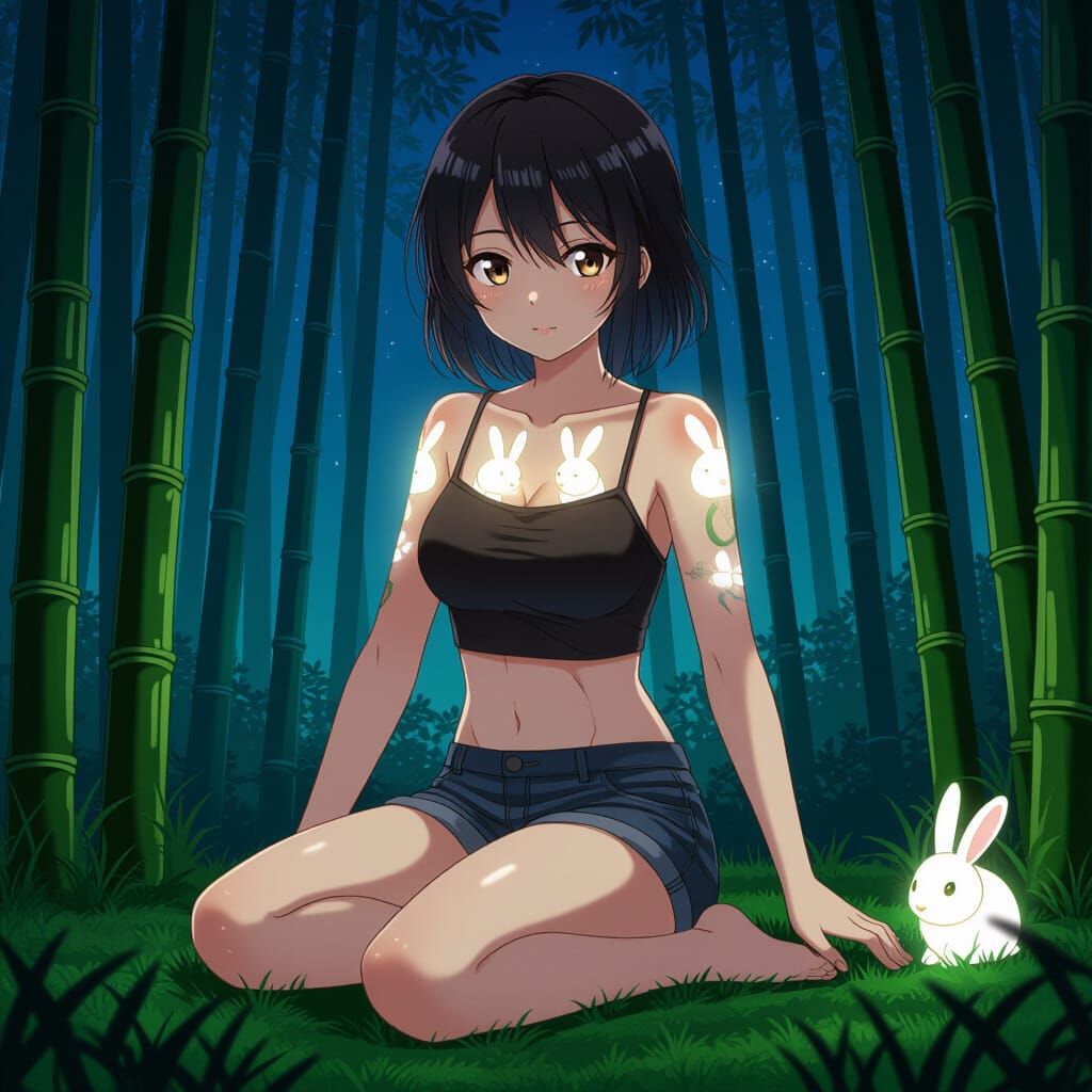 Anime Woman in Bamboo Forest with Glowing Rabbits