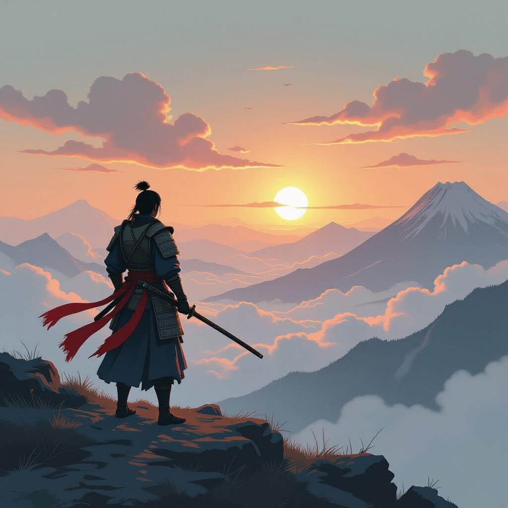 Samurai on Mountain Peak Overlooking Valley, Ink Wash Fantas...