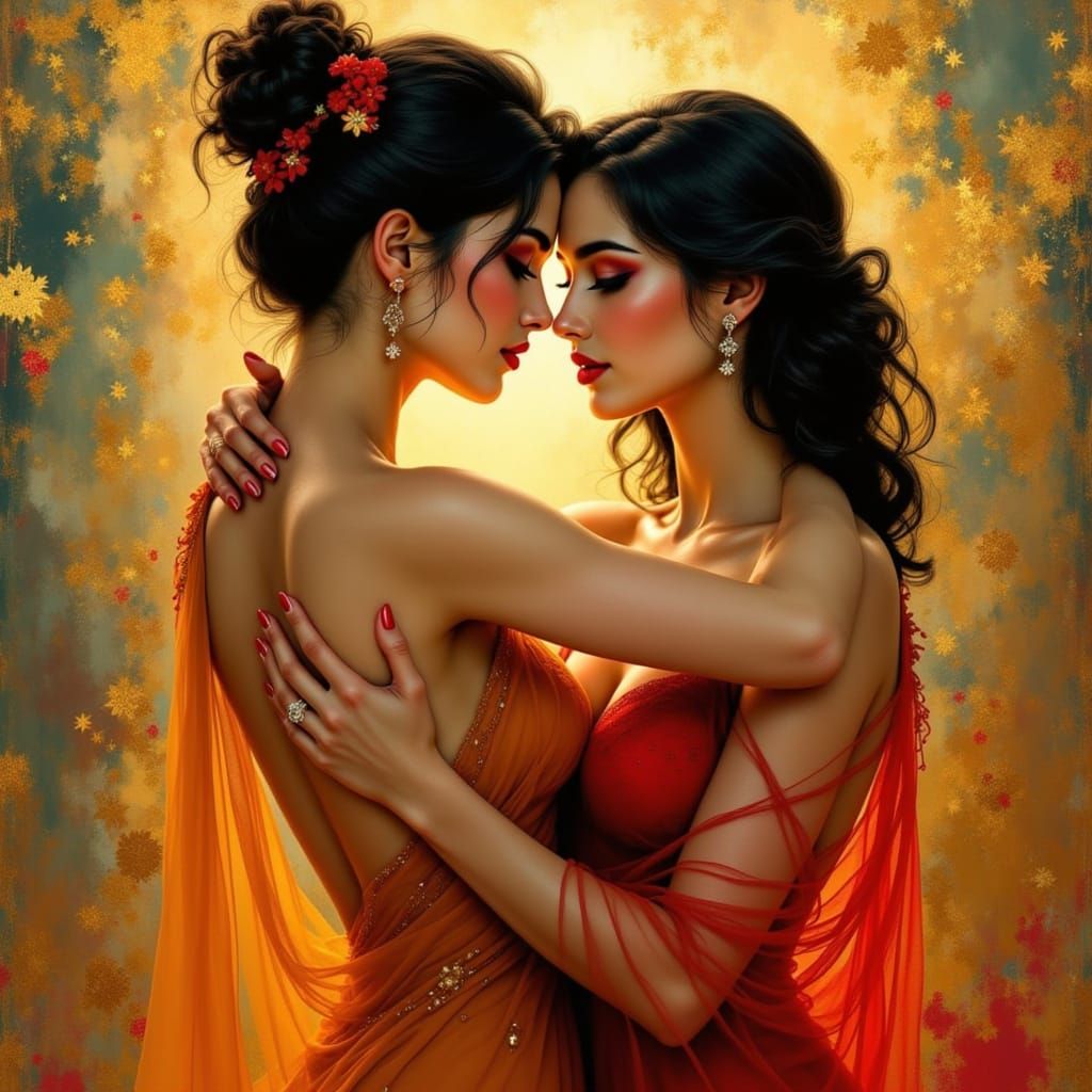 Mature Women Dance in Ecstatic Embrace, Oil Painting Style