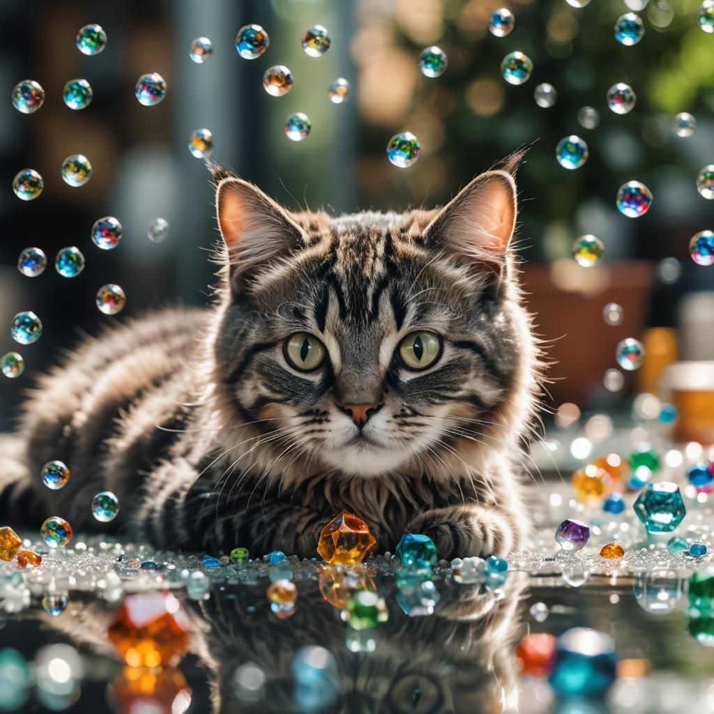 Whimsical Feline Realm in Glassy Surrealism