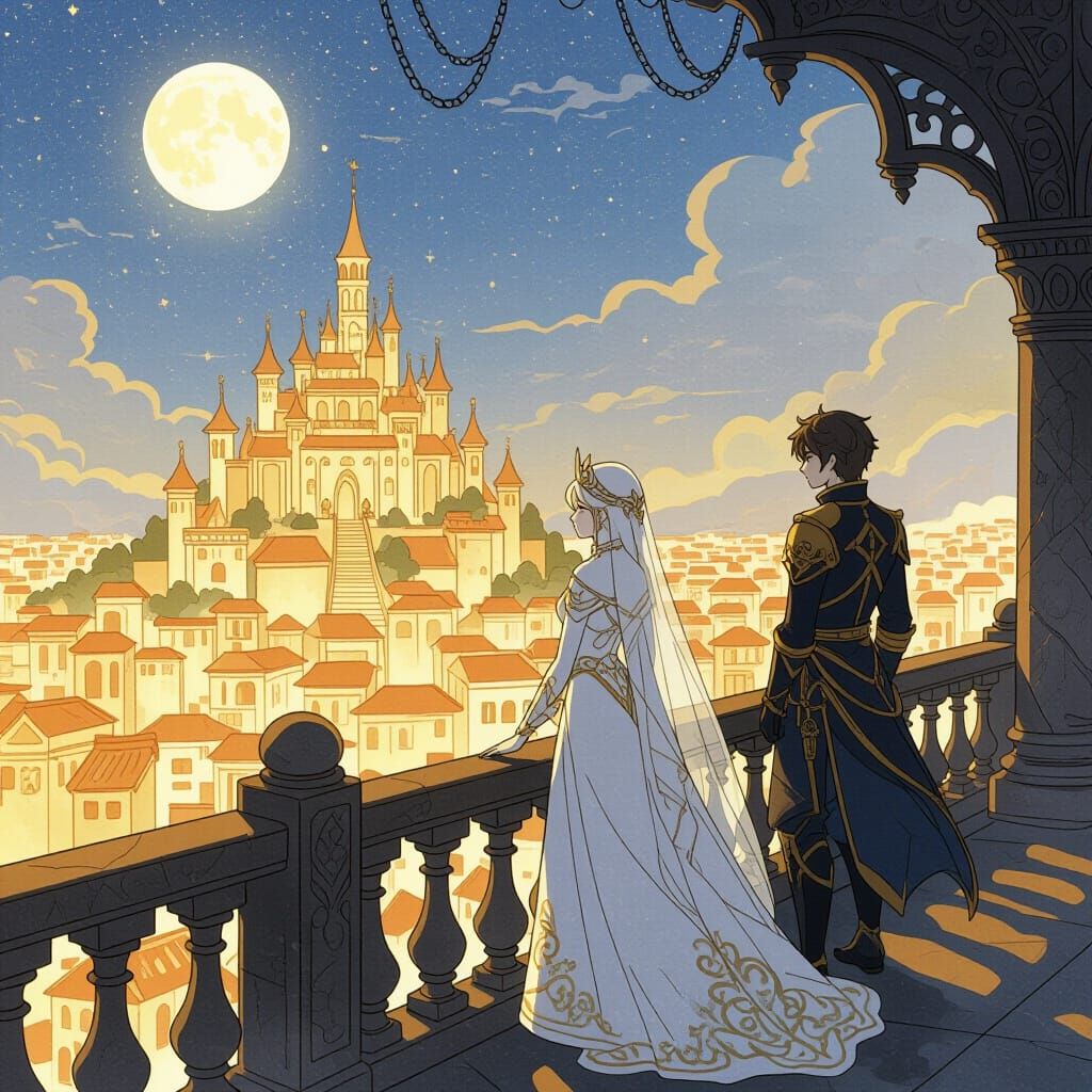 Queen Gazes Over Golden Kingdom, Prince in Shadows