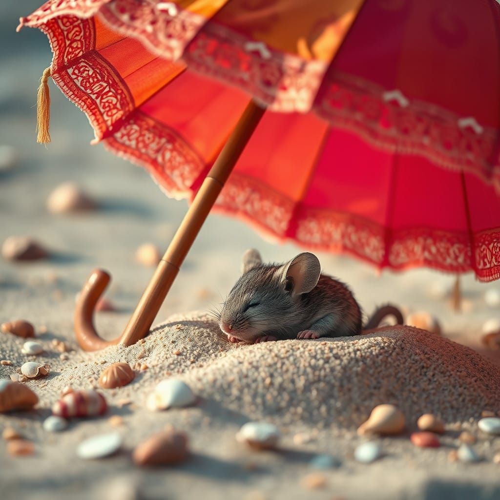 Tiny Mouse Finds Serenity Under Colorful Beach Umbrella