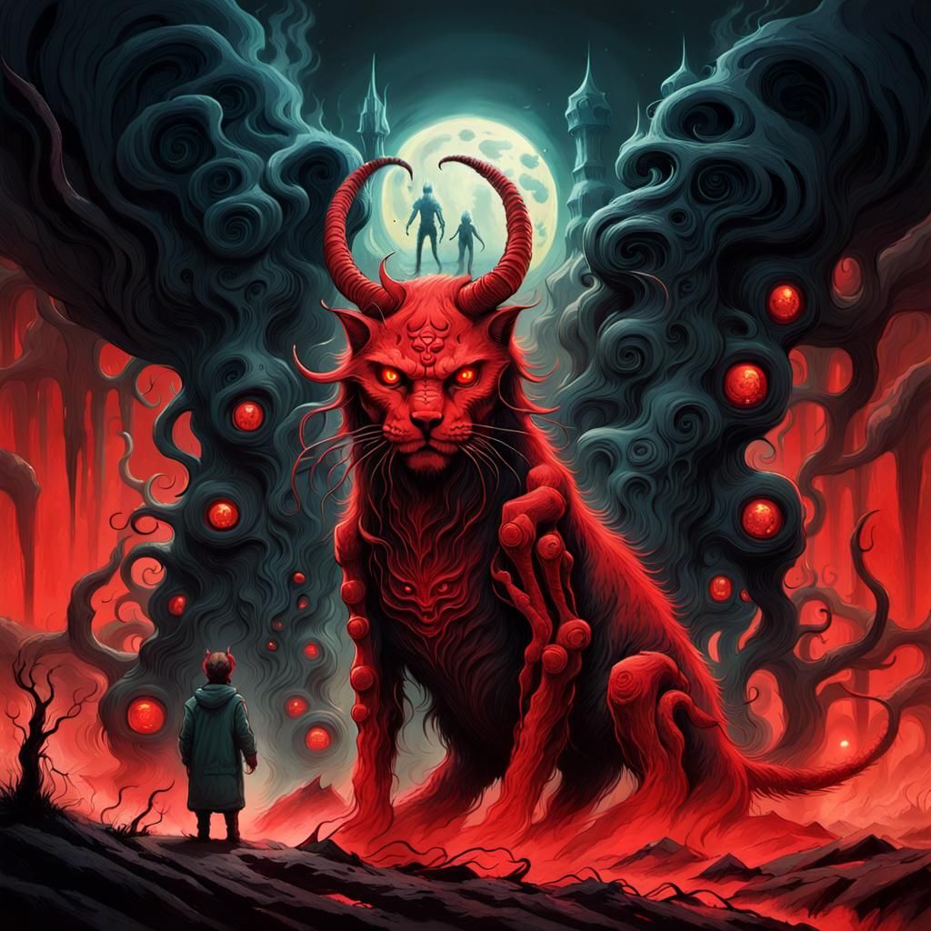 Mystical Red Feline Creature with Devil Horns