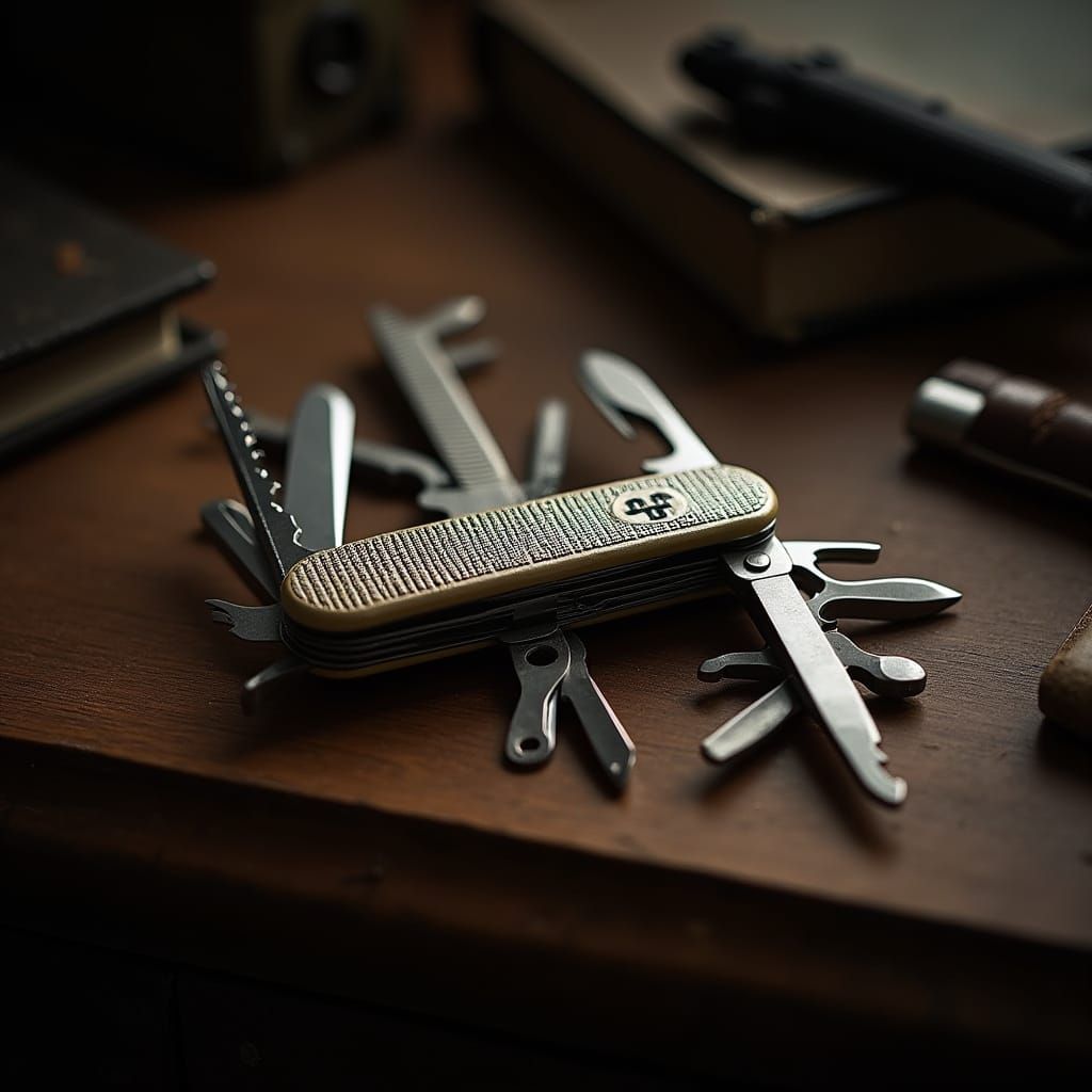 Intricate Swiss Army Knife on Wooden Desk, 4K Photo