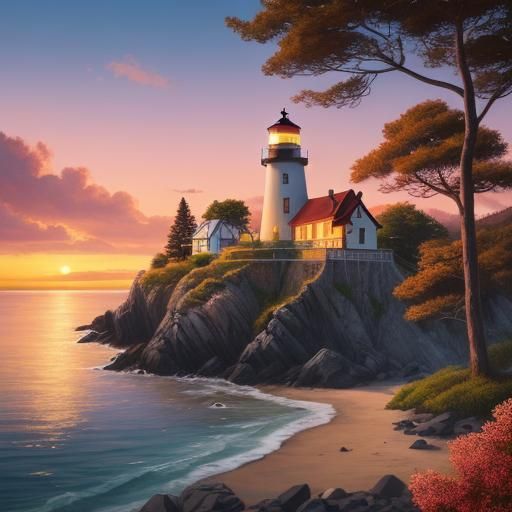 Tree Lighthouse on Beach at Sunset in Hyperrealistic Style