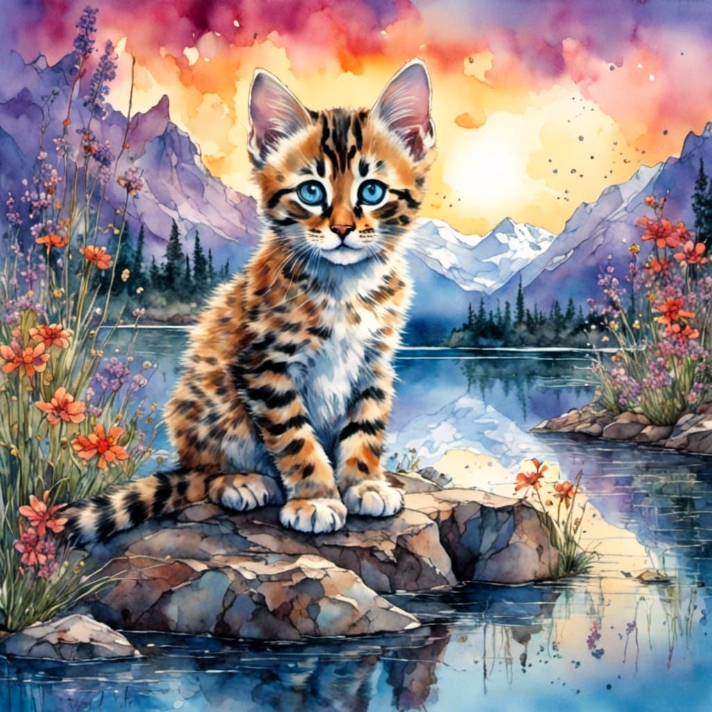 Watercolor Bengal Kitten with Blue Eyes