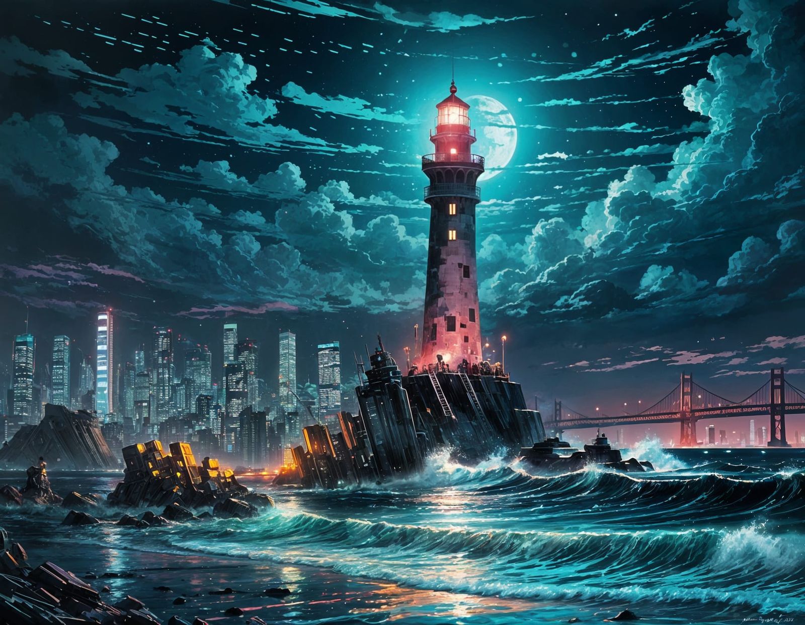 Tropical Lighthouse with Cyberpunk Cityscape, Manga Style
