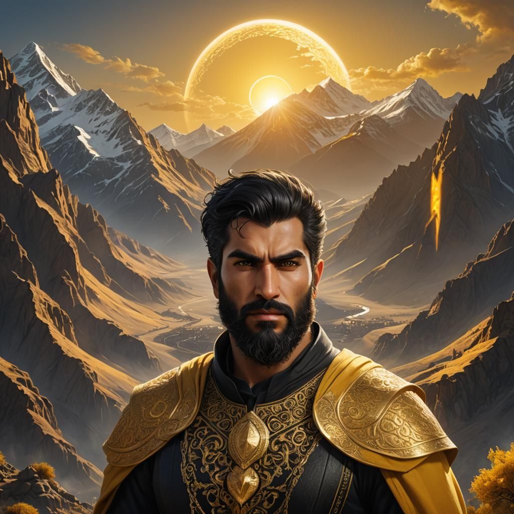 Persian God Portrait with Sun Halo, Detailed Matte Painting
