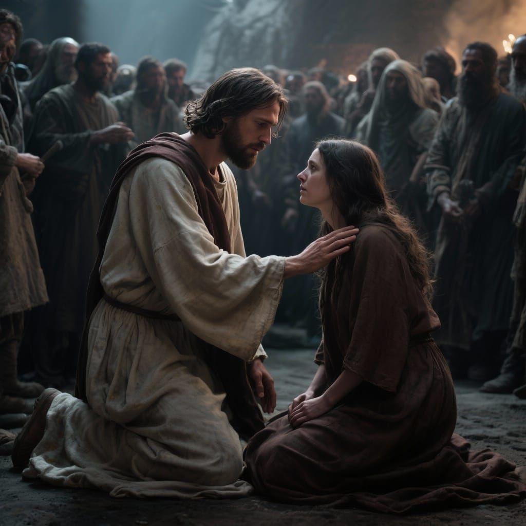 Jesus with Short Hair Blesses Kneeling Woman, Hyperrealistic