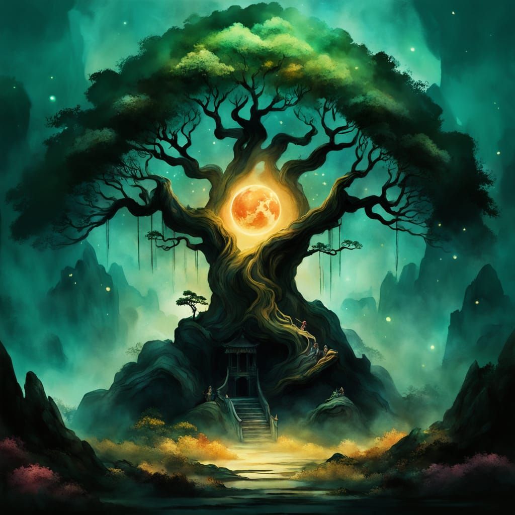 Mystical Tree on Misty Mountain Peak