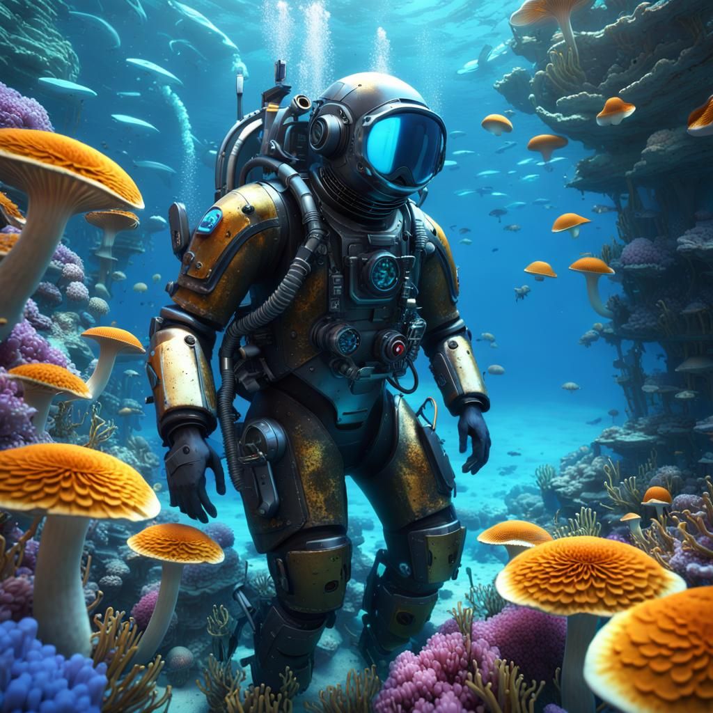 Futuristic Cat Diver Observes Shipwreck in Blue Ocean