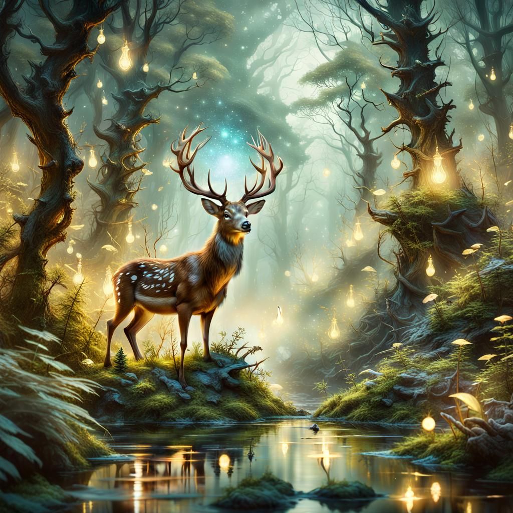 Fantasy Forest with Deer, Surreal Digital Illustration