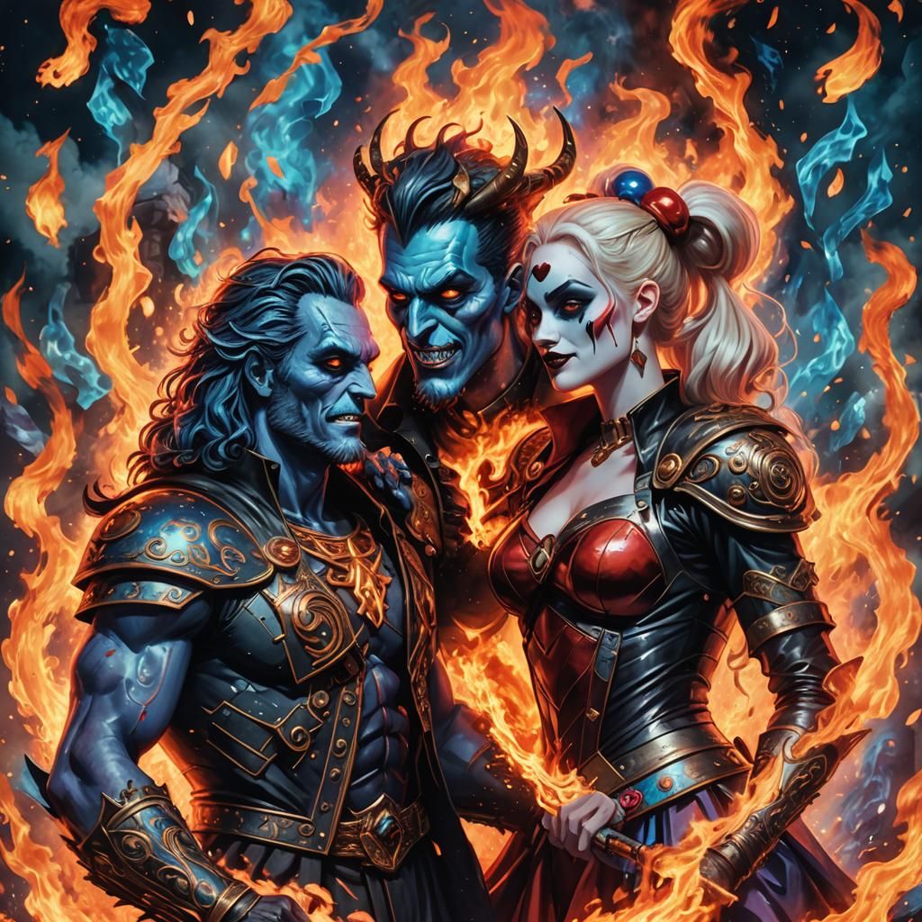 Hades and Harley Quinn's Fiery Affair: Cosmic Illustration