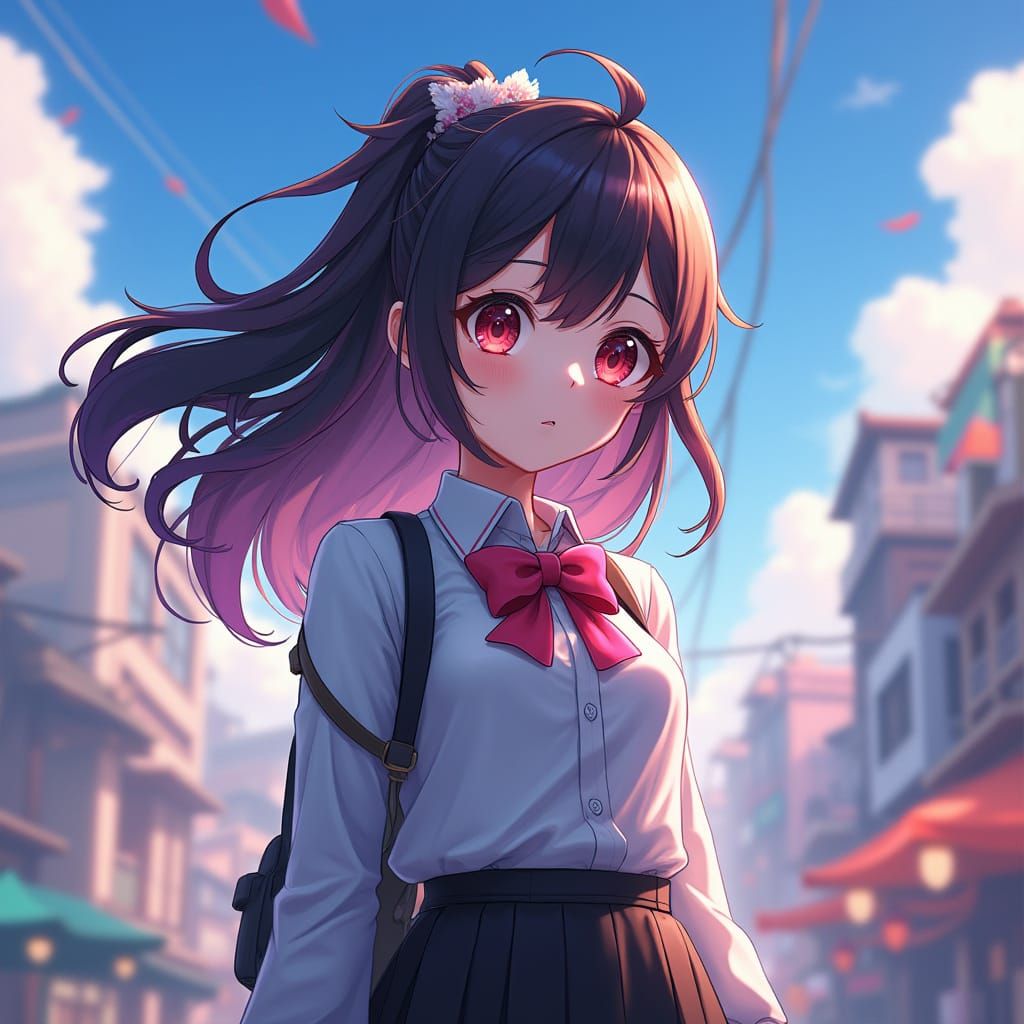 Anime School Girl in Stylized Cityscape