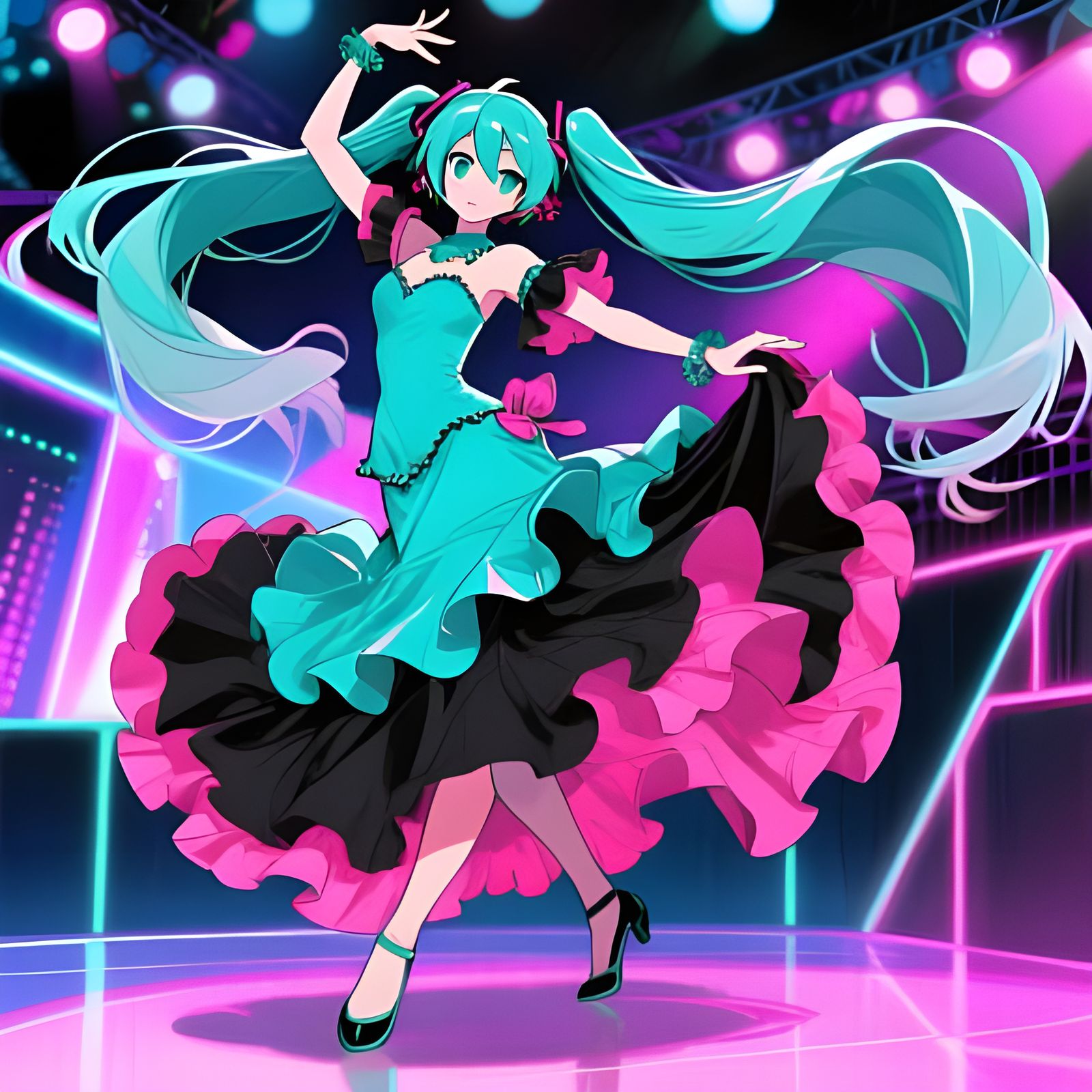 Hatsune Miku Dances Flamenco on Neon Stage