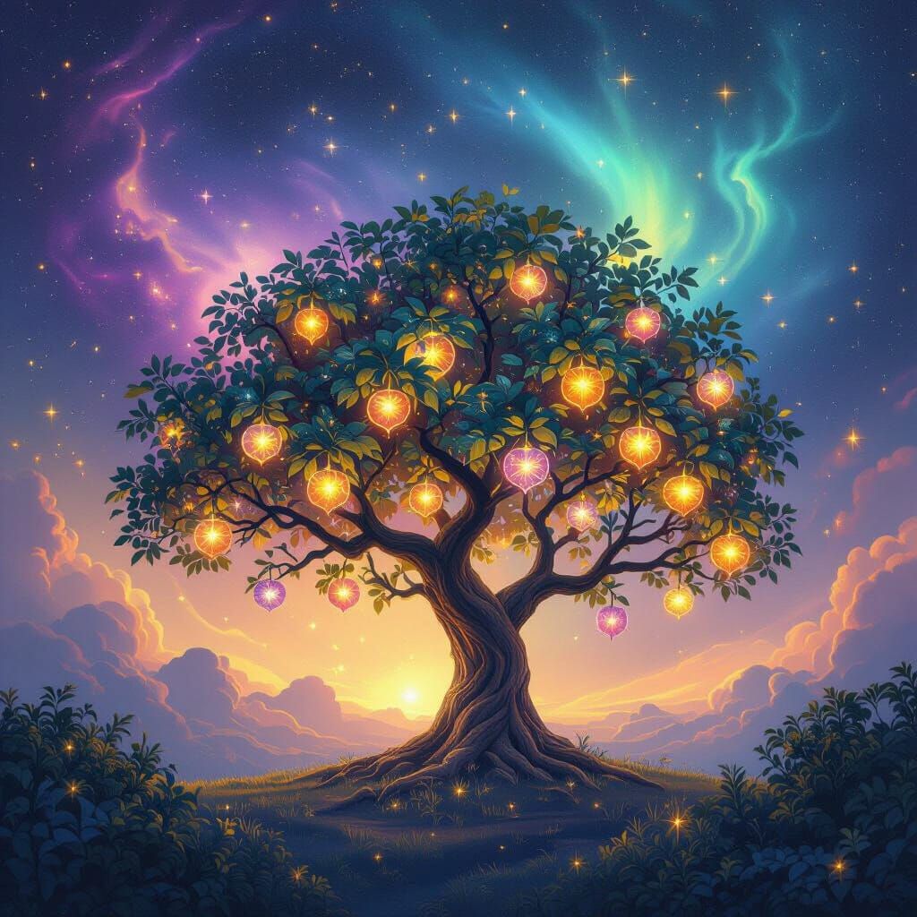 Ethereal Celestial Orchard with Luminous Star Fruits