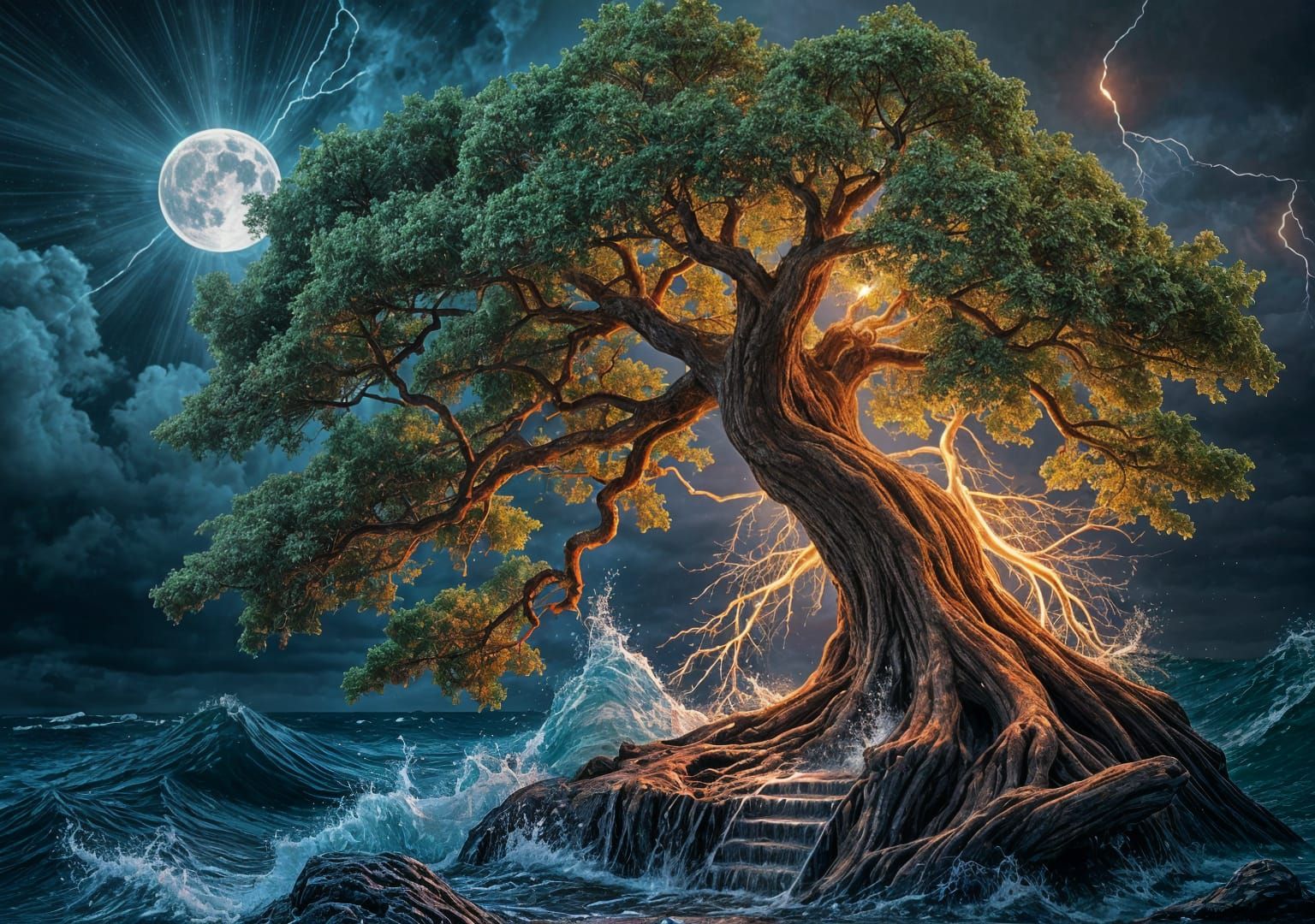 Tree of Life: Stormy Night, Hyperrealistic Splash Art
