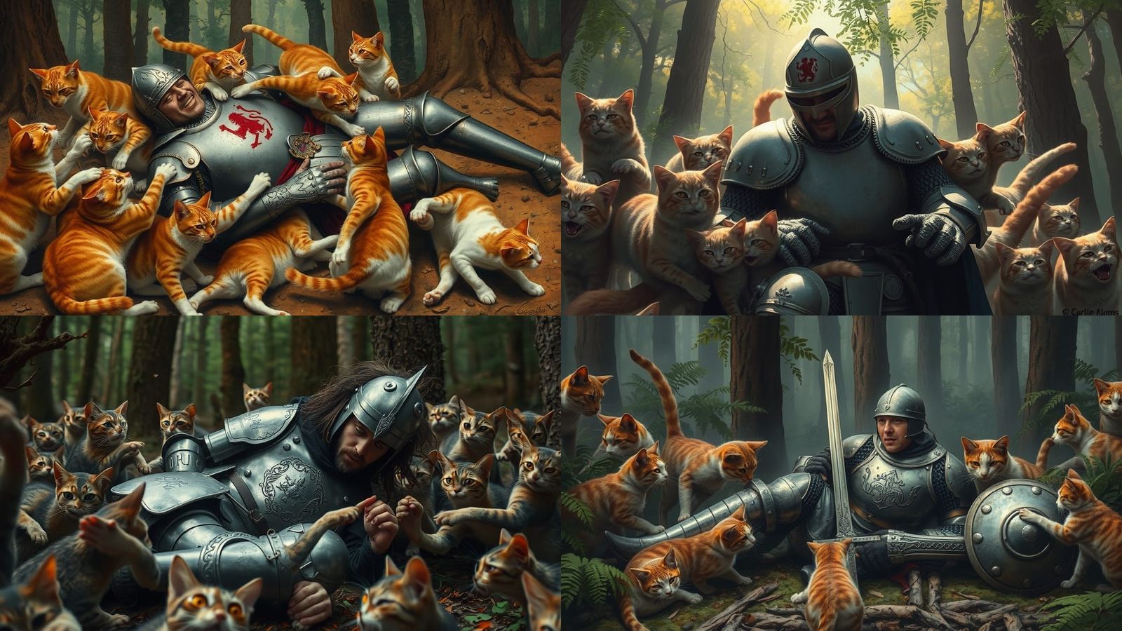 Knight Attacked by Cats in Forest