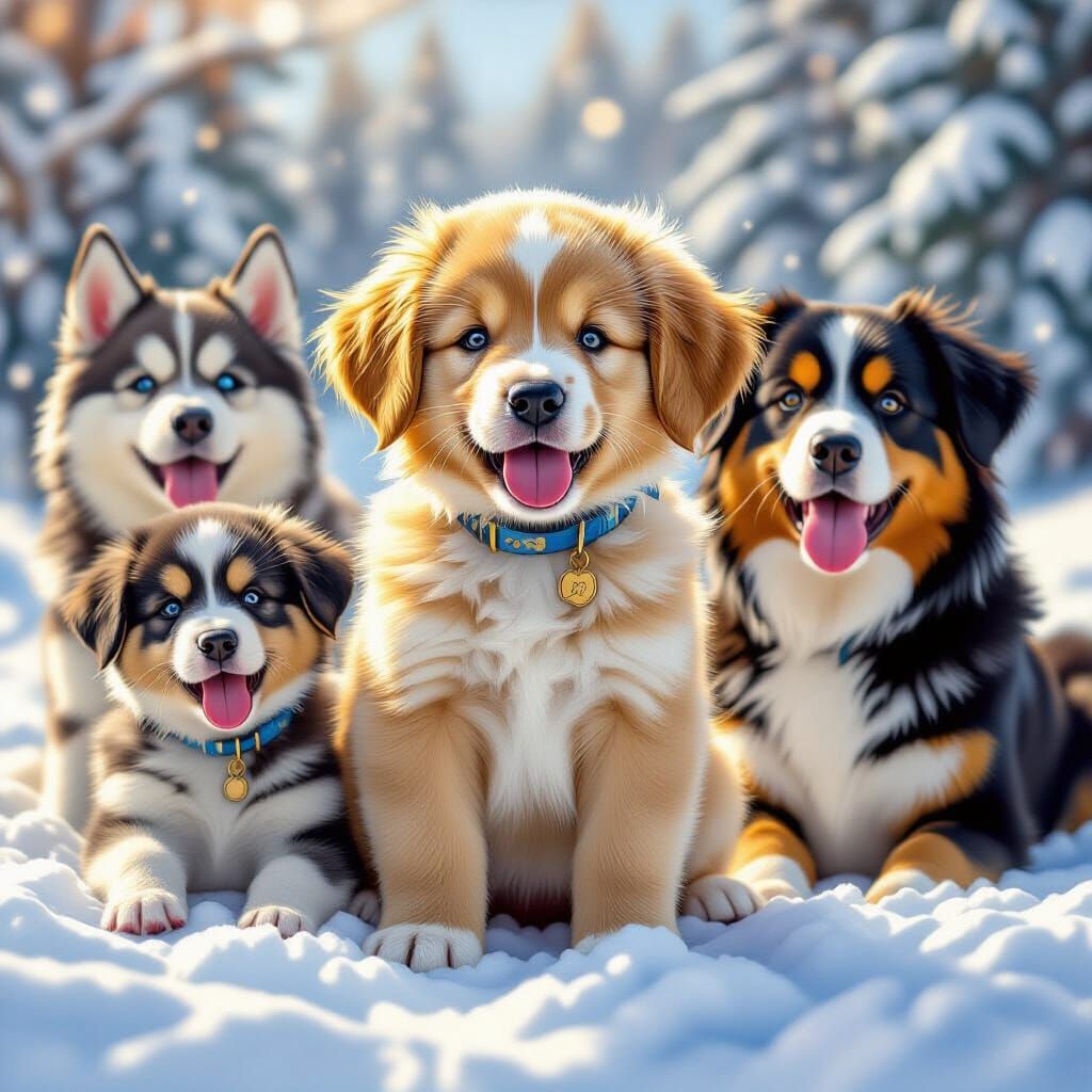 Adorable Puppies and Dogs Smiling in Snowy Landscape