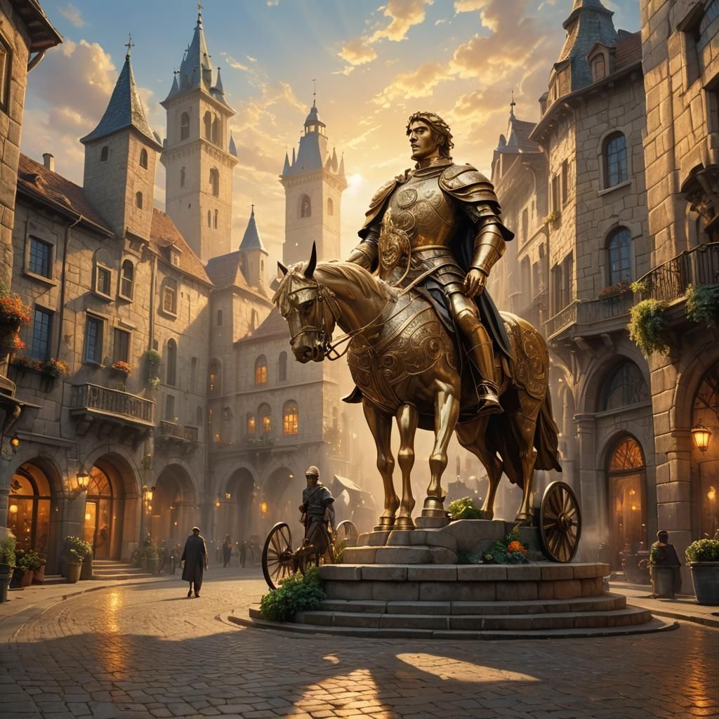 Majestic Medieval City with Chariot Statue