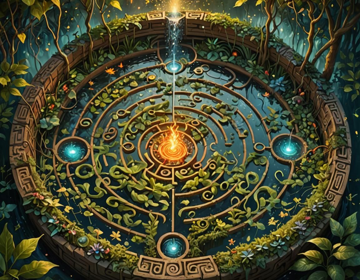 Five Elements in Whimsical Garden Maze as Digital Art