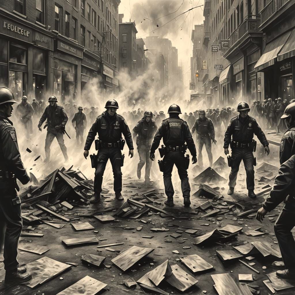 Hyperdetailed Charcoal Drawing of a Street Riot