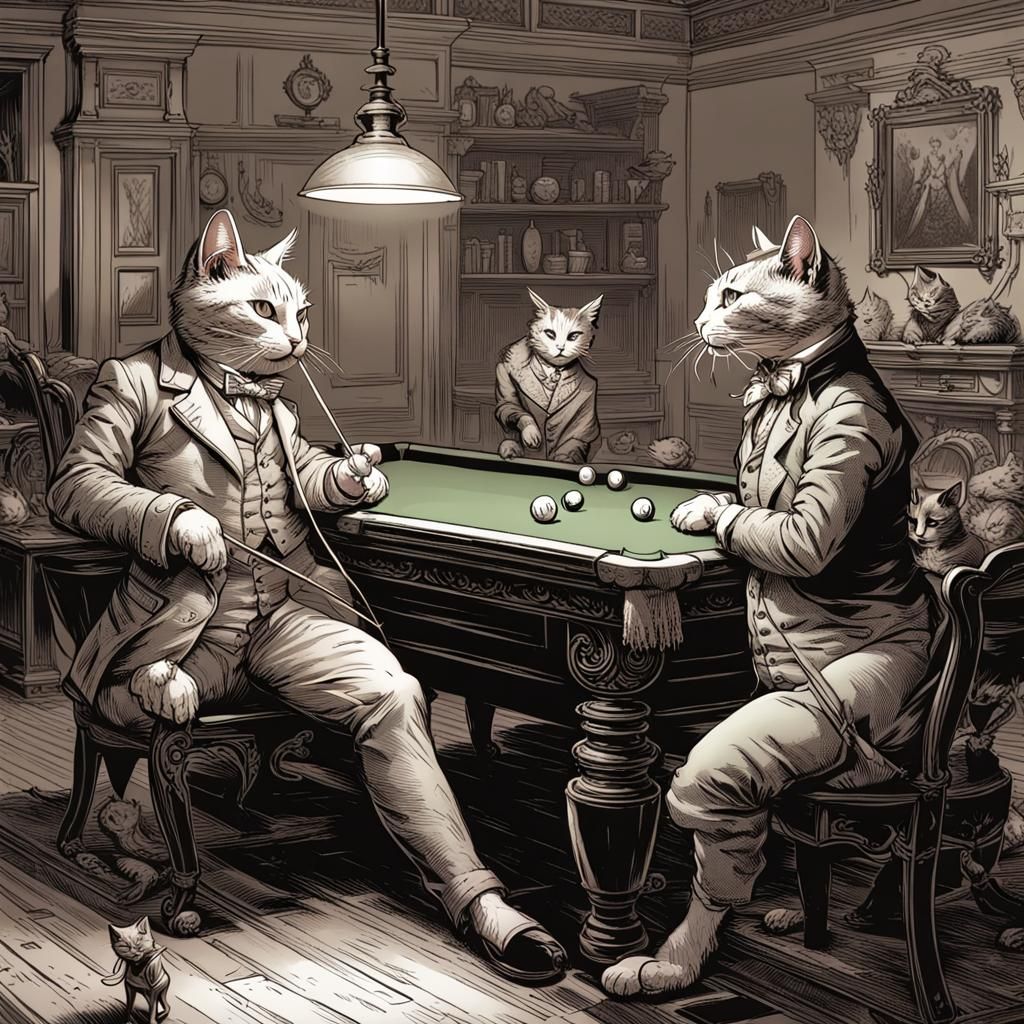 Cats Play Billiards in Victorian Style