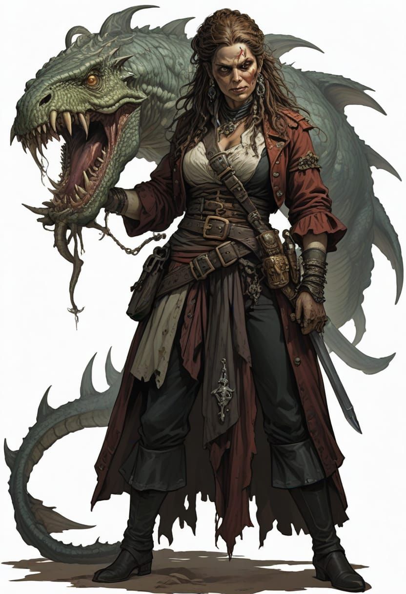 Female Pirate Hag with Pet Scaly Monster in Cinematic Fantas...