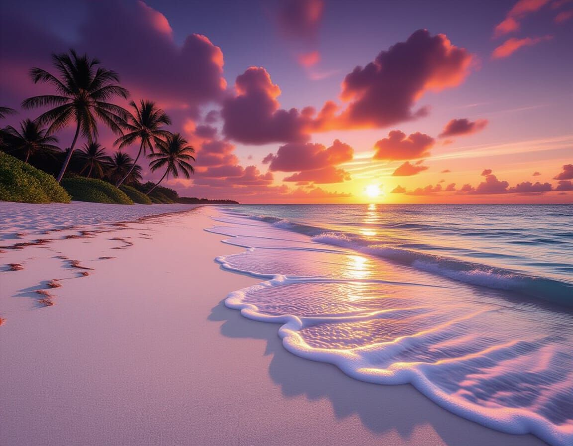 Molten Sunset Over White Sands with Palm Silhouettes