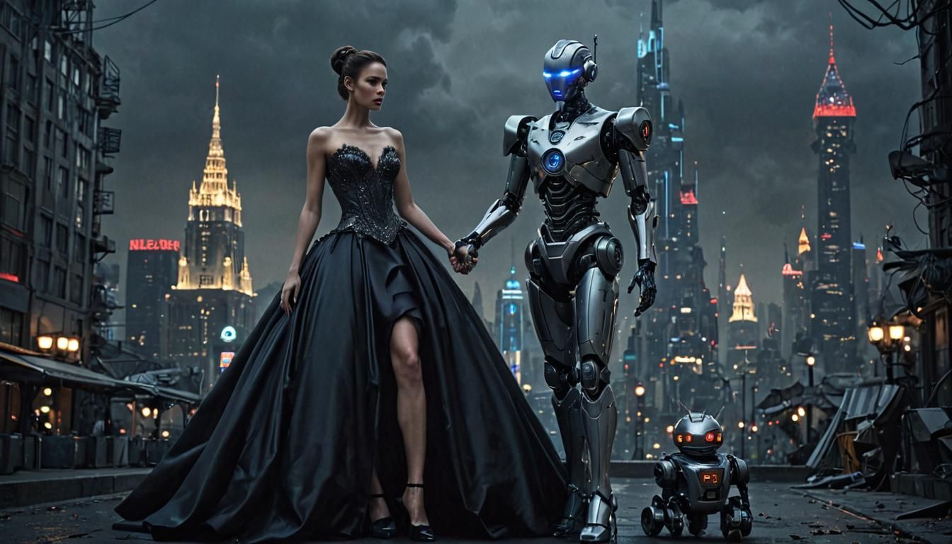 Dark Fantasy: Woman and Robot in Futuristic City