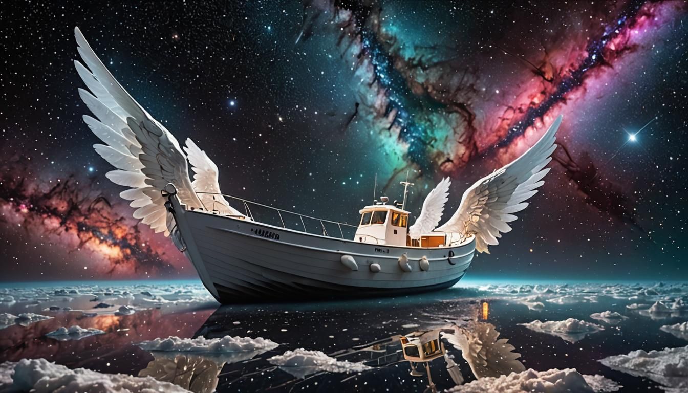 Winged Boat Floats Through Fluorescent Galaxy