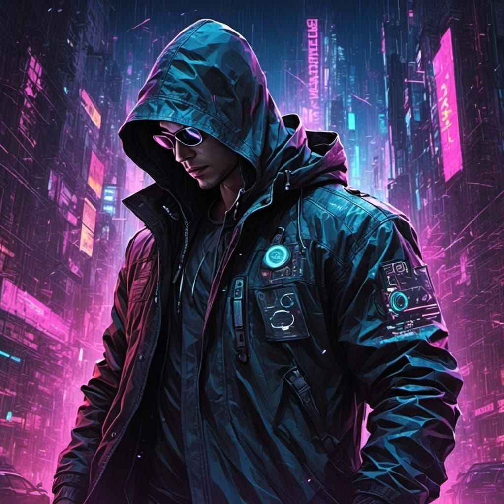 Cyberpunk Hacker in Neon Digital World