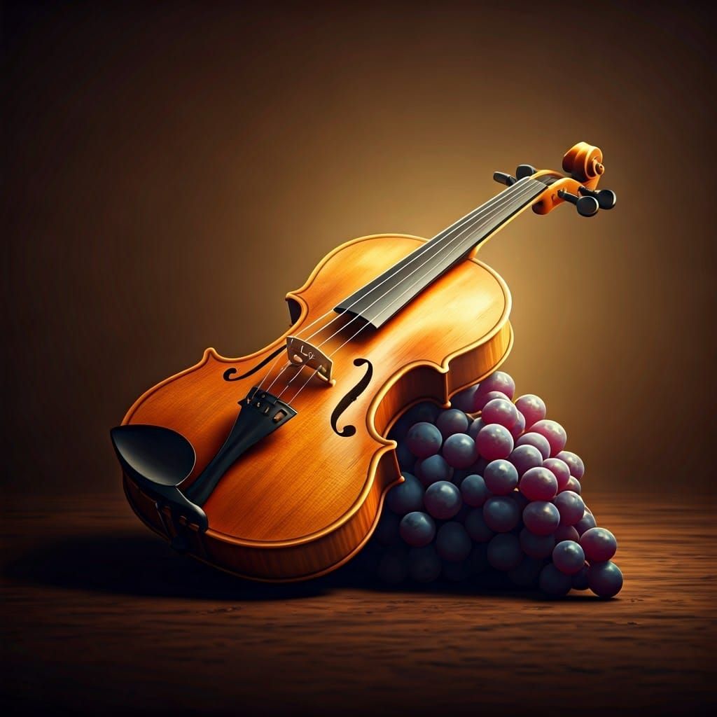 Serenely Set Violin Amidst Lush Grapes in Dreamlike Golden L...