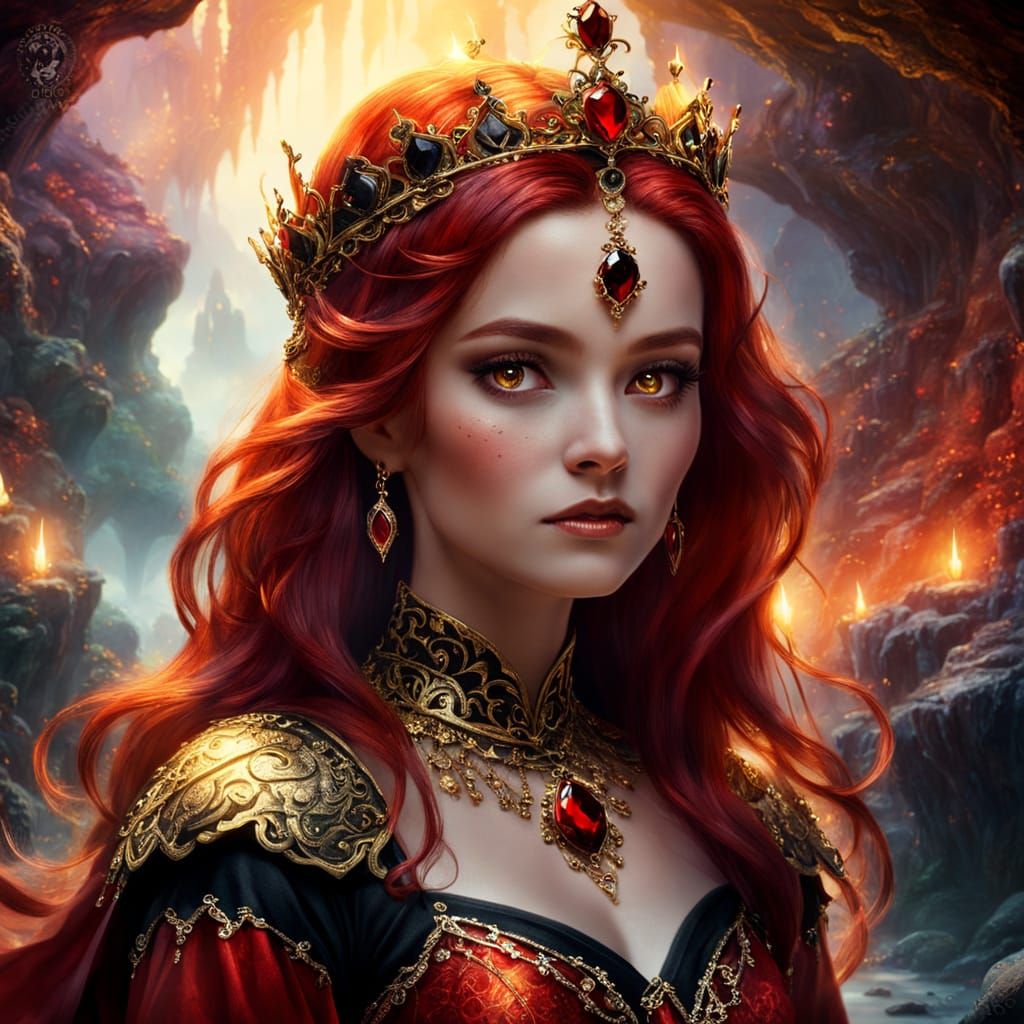 Ethereal Woman with Fiery Hair in a Cave