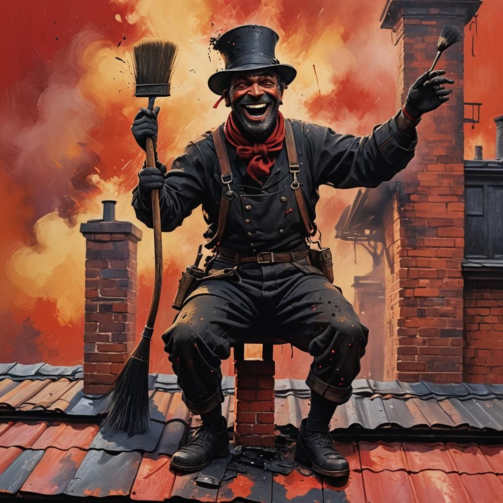 Vibrant Chimney Sweep Emerge from Bright Red Roof