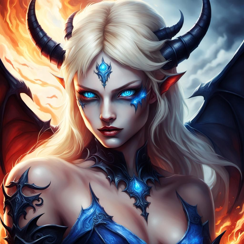 Blonde Female Demon with Blue Eyes