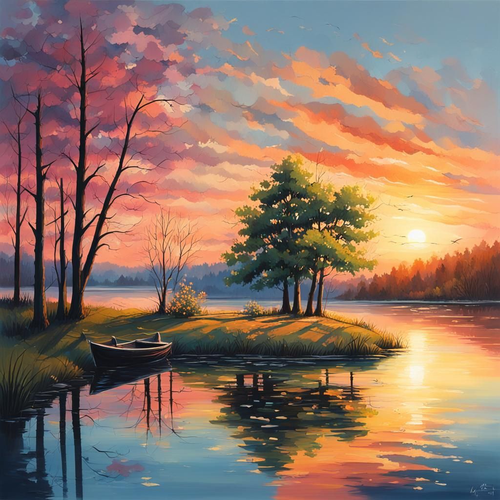 Spring Dusk Lake: Hyperrealistic Splash Art Landscape