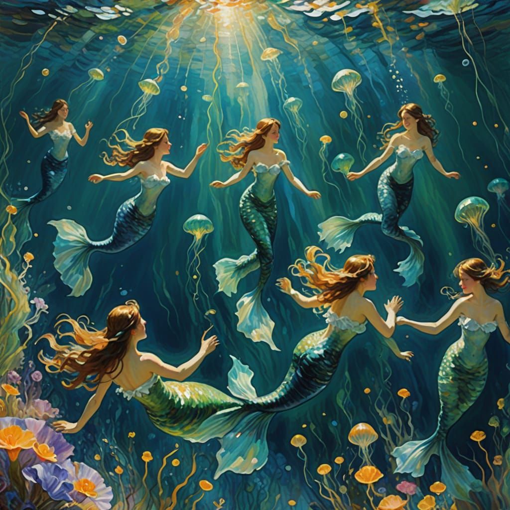 Mermaids in a Dreamlike Ocean of Bioluminescent Jellyfish, i...