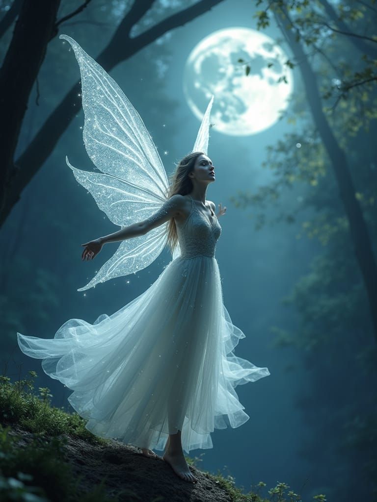 Ethereal Fairy Dancing in Moonlit Mystical Forest