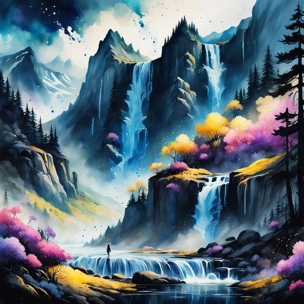 Lush Mountain Landscape in Watercolor Style