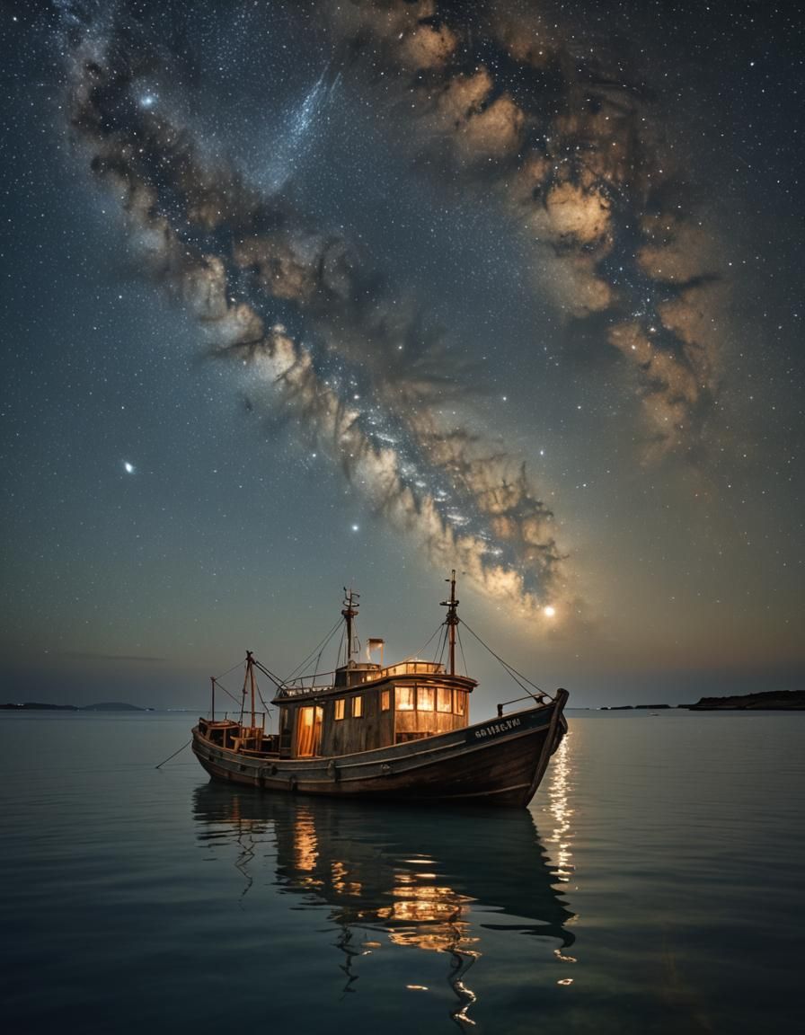 Fishing Boat at Sea Under Starry Night Sky