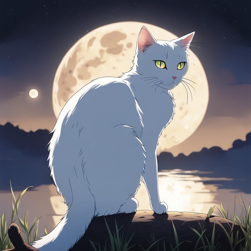 White Cat in Moonlight: Anime-Inspired Lunar Scene