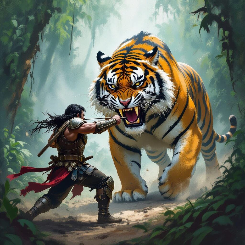 Man Battles Tiger in Misty Jungle, Frazetta-esque Art