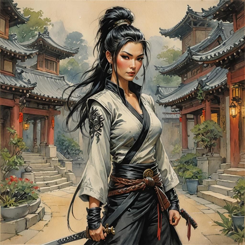 Whimsical Ninja in Temple Courtyard