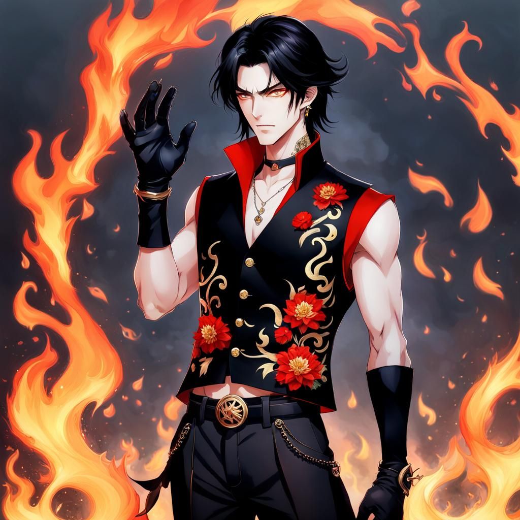 Handsome male demon (black hair) chest tattoo, black and red...